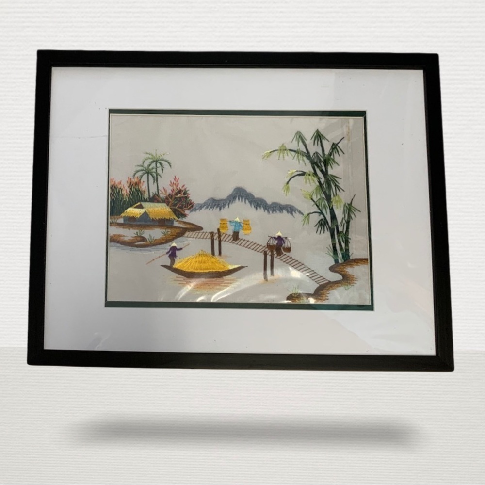 Vietnam Asian Row Boat River Embroidery Scenery